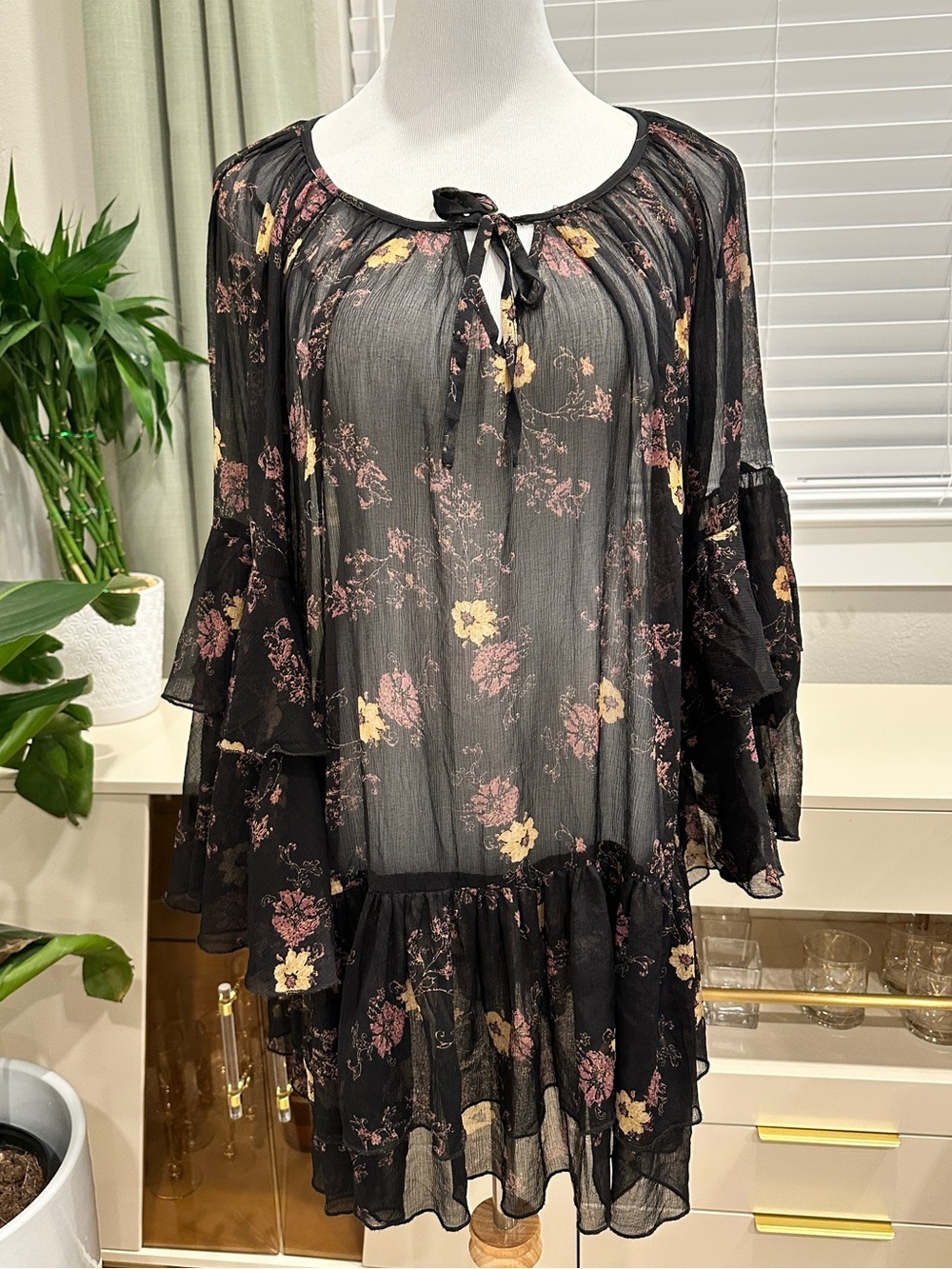 Free People Black Sheer Floral Tie-Neck Blouse